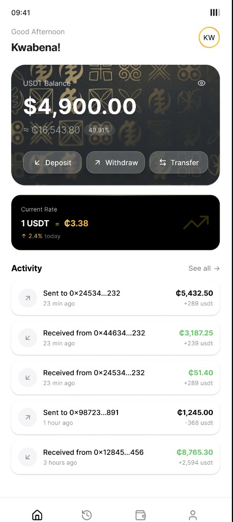 StableNest app: balance card, exchange rate, and activity